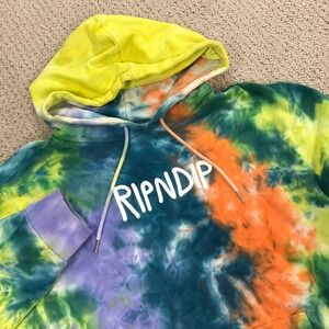 RIPNDIP Tie Dye Hoodie Mens Medium Multi Color Logo Pullover Sweatshirt